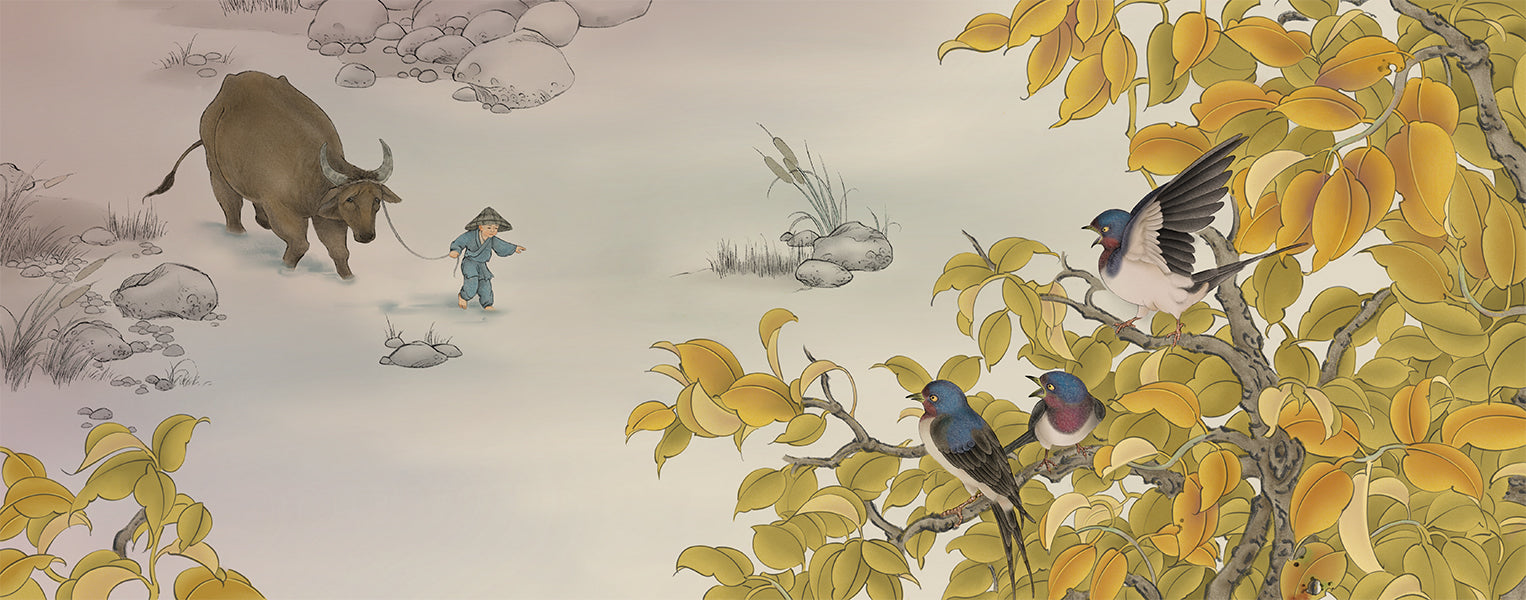 Art from the childrens book Big Enough by Regina Linke showing a Chinese boy guiding an ox across a river with three blue birds in a tree with lush yellow leaves.