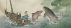 Art from the childrens book Big Enough by Regina Linke showing a Chinese boy sailing a boat with three ants through choppy waters as two koi fish battle over a dragonfly in a lotus pond