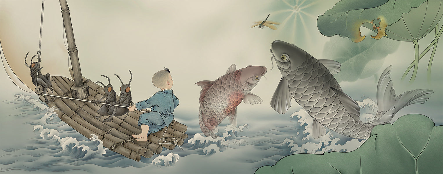 Art from the childrens book Big Enough by Regina Linke showing a Chinese boy sailing a boat with three ants through choppy waters as two koi fish battle over a dragonfly in a lotus pond