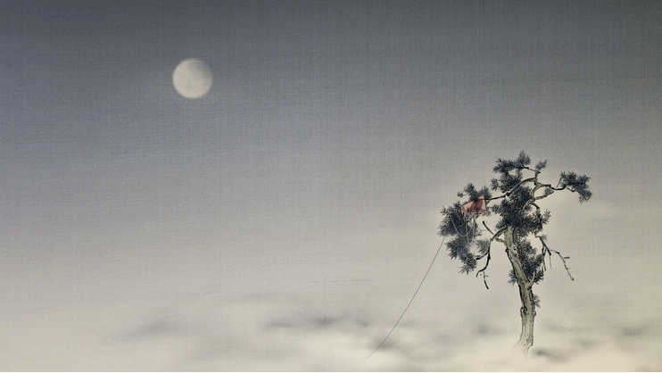 Chinese painting of a kite at night stuck in a tree