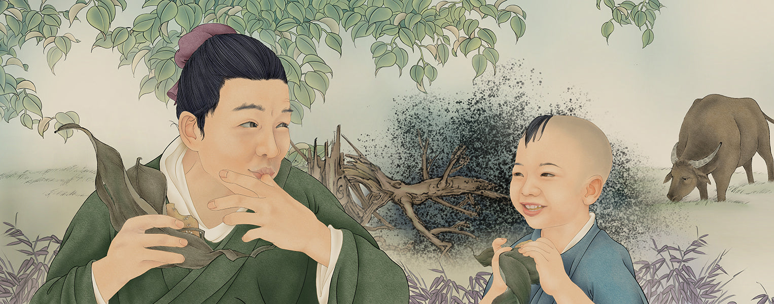 Traditional Chinese painting from the children's book Little Helper by Regina Linke showing a man and a boy eating sticky rice with a grazing ox in the background