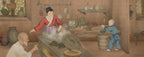 Traditional Chinese painting scene from the childrens book Little Helper by Regina Linke showing people cooking in a kitchen