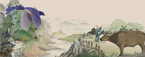 Traditional Chinese painting from the childrens book Little Helper by Regina Linke showing a boy, an ox, and a bird in a country landscape