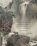 Scenic, Chinese illustration from The Oxherd Boy with a waterfall and mountains, featuring a quote from Tao Te Ching.